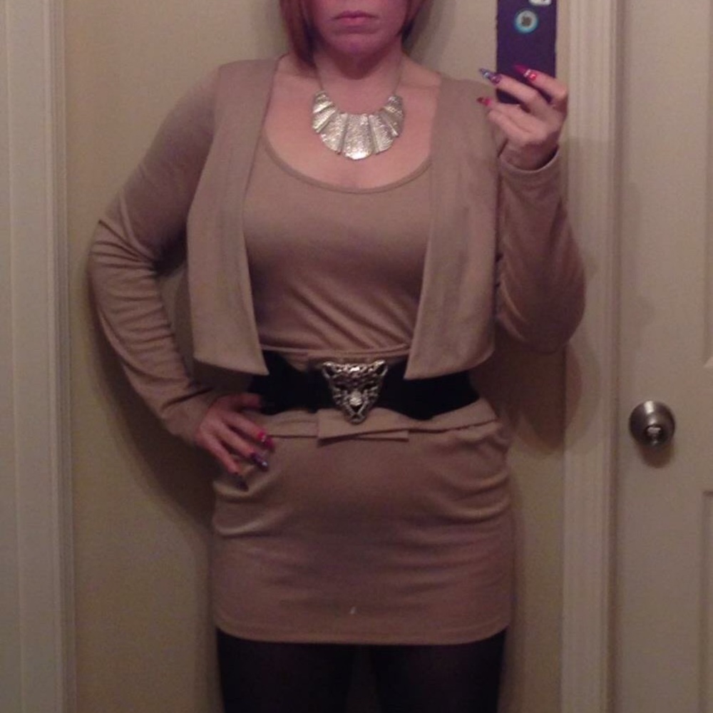 Brown jacket-top knee length dress